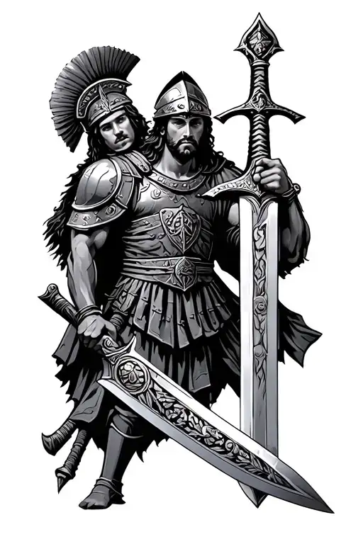 Roman centurion Warrior Protector  family sword in hand tattoo design idea