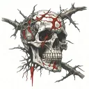 Cracked Bloody Skull, Cracked Eye Socket, Bleeding. Dry Thorny Blood soaked black Branches. Spine melting downwards. tattoo design idea