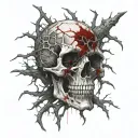 Cracked Bloody Skull, Cracked Eye Socket, Bleeding. Dry Thorny Blood soaked black Branches. Spine melting downwards. tattoo design idea