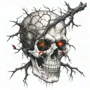 Cracked Bloody Skull, Cracked Eye Socket, Bleeding. Dry Thorny Blood soaked black Branches. Spine melting downwards. tattoo design idea
