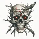 Cracked Bloody Skull, Cracked Eye Socket, Bleeding. Dry Thorny Blood soaked black Branches. Spine melting downwards. tattoo design idea