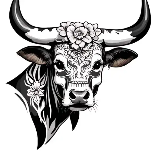 feminine bull with sugar skull markings tattoo design idea