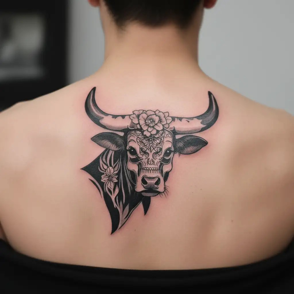 feminine bull with sugar skull markings tattoo design idea