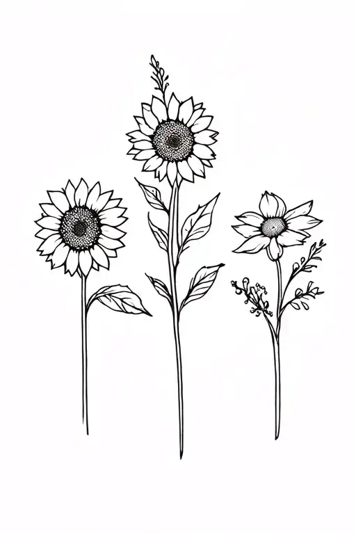 sunflower, statice, marigold, asphodel flowers tattoo design idea