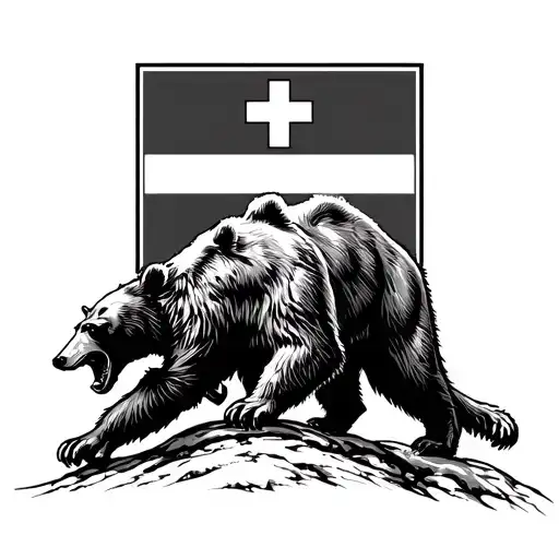 "Azor (Ave) fighting against" Azor vs Bear, Blovento NATO, Mountains of Slovakia with the Slovak Cross at the top, memory of Military Mission tattoo design idea