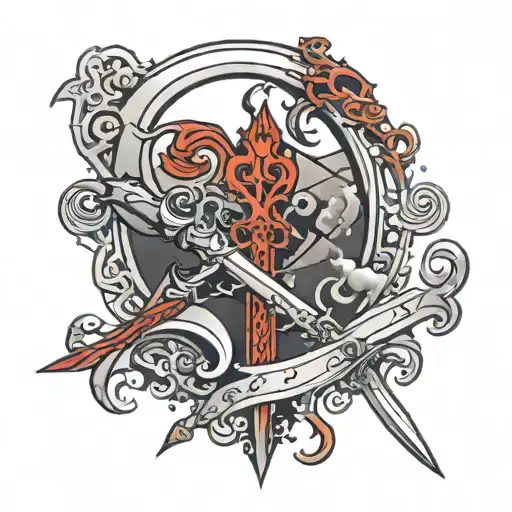 Red Sky Motif:Incorporate swirling red and gold hues around the quote, symbolizing the fiery omen.Sword and Crescent M tattoo design idea