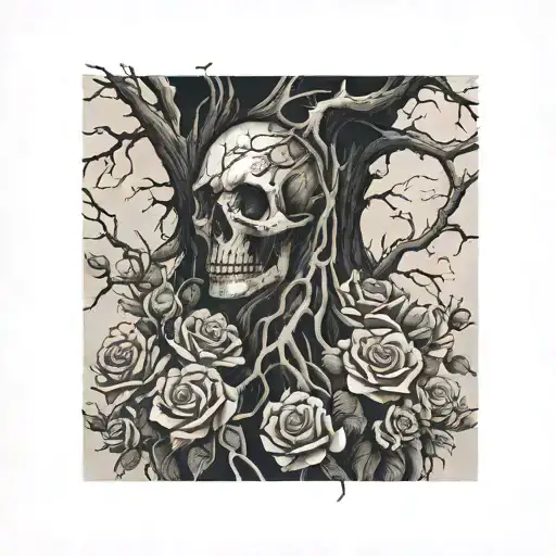 A ruined old wall, roses, tree roots, souls tattoo design idea
