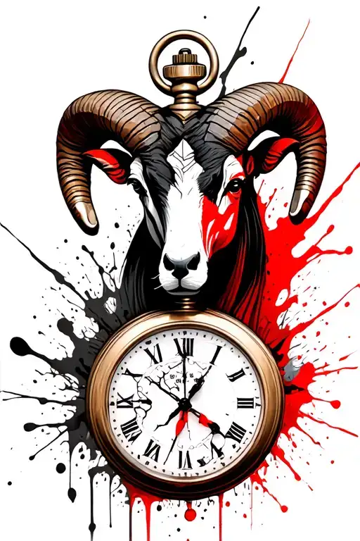 aries ram with a broken pocket watch tattoo design idea