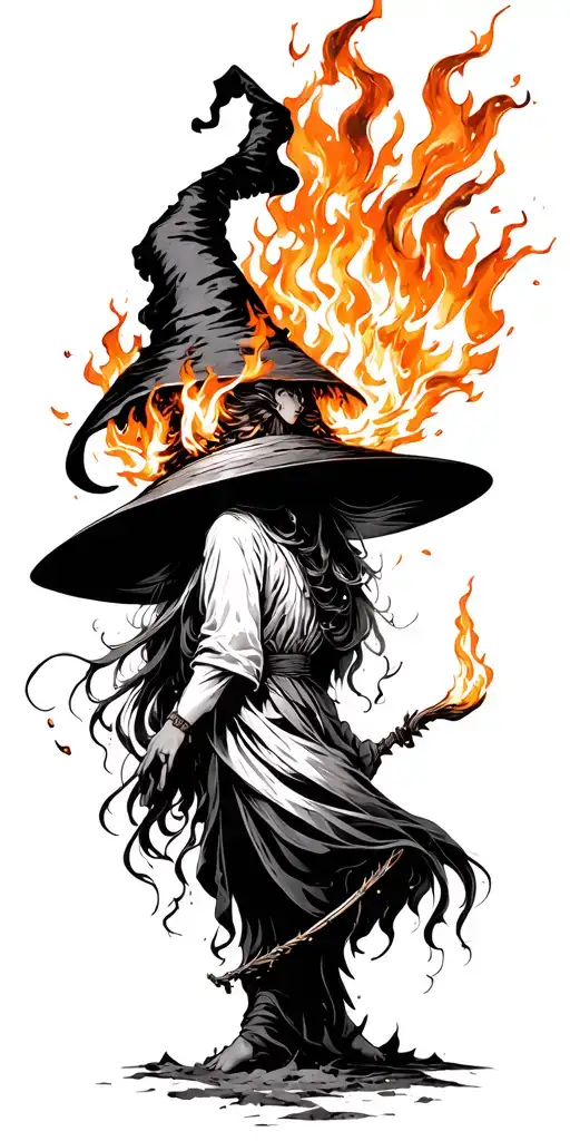 Witch burning, copper engraving, surrealism, anime, dark, wide angle, background artistic, black and white, tattoo tattoo design idea