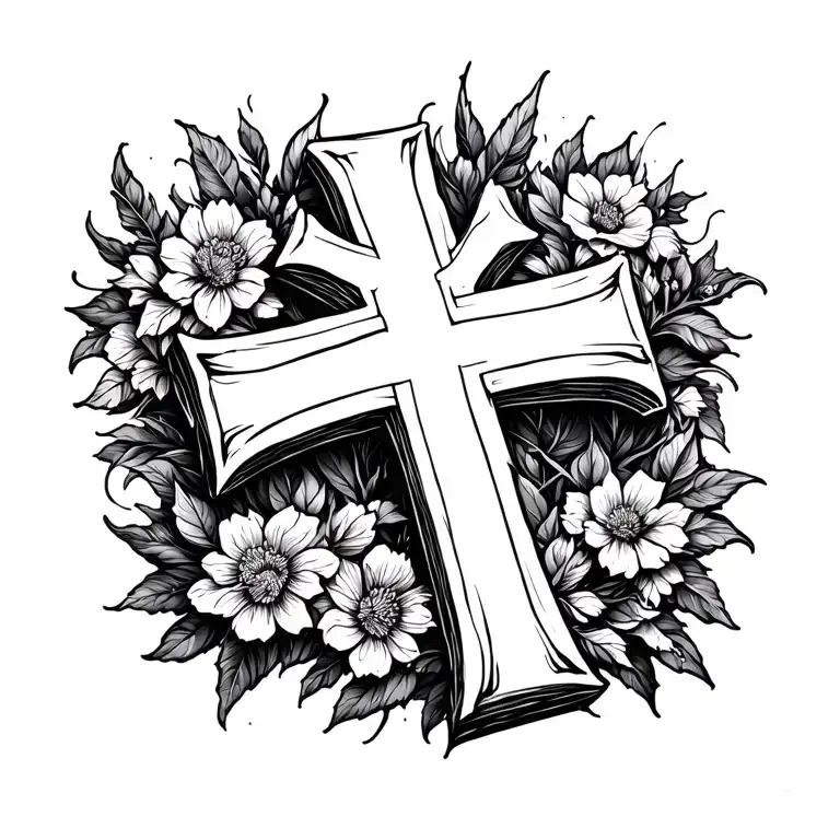 big cross, no shadowing, only pale black color, cool outline  tattoo design idea