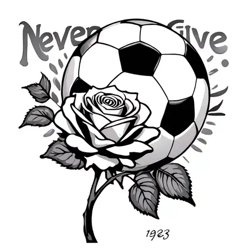 Soccer Ball, Rose, 1993 & Quote "Never Give Up" tattoo design idea