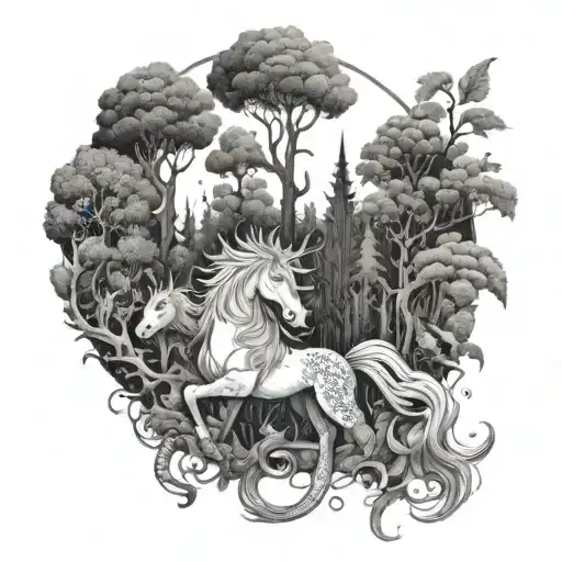 A mystical forest with anime-inspired creatures like unicorns and dragons tattoo design idea
