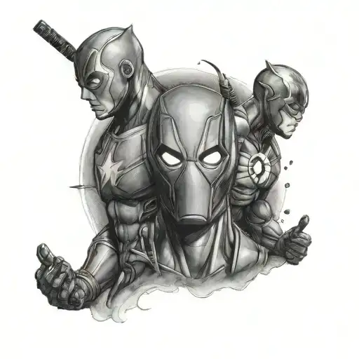 deadpool, iron man, spider man, the flash half sleeve tattoo design idea