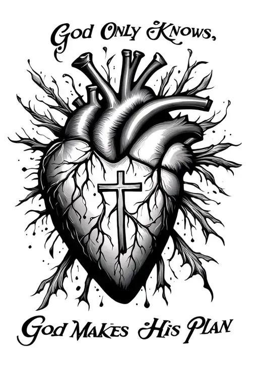 a heart with a cross running through it with the quote "God Only Knows, God Makes His Plan" on the top tattoo design idea