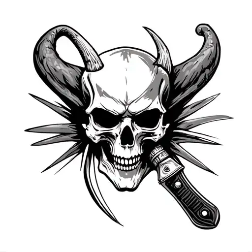 straight razor, half-open. in the space between the handle of the razor and the blade, there is a skull or demon tattoo design idea