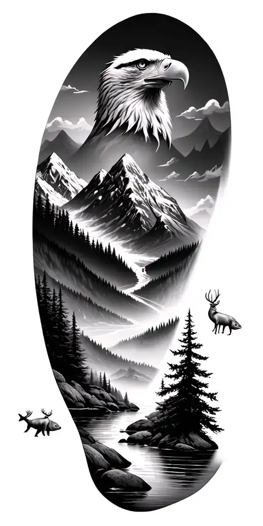 mountain peaks and eagle head, leading forest with wildlife, deer-bear, leading down to river with fish and the ocean tattoo design idea