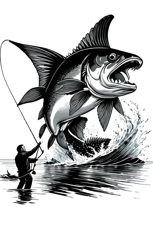 detailed black and gray scene of a person fishing, with a large fish leaping out of the water  the water in the back  tattoo design idea