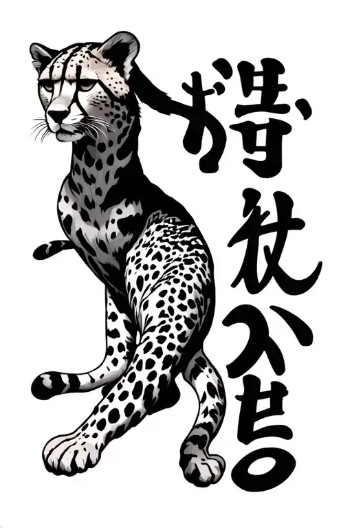 A cheetah crawling around the arm with japanese text going straight down eith the cheetah going around jt tattoo design idea