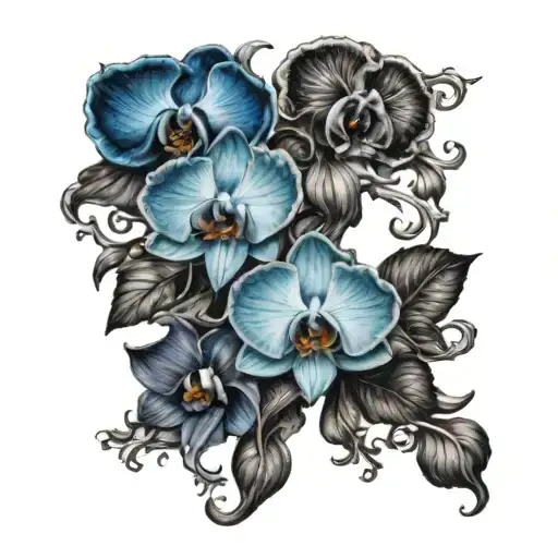 cross with blue orchids and black roses intertwined tattoo design idea