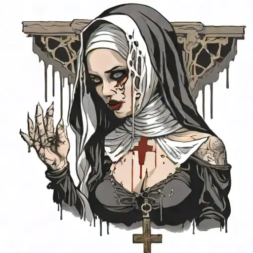 Sexy Nun, huge boobs,, revealing attire, seductive facial expressions, gold cross dripping blood, Lingerie, sexual tattoo design idea