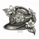 A gardenia flower blooming around a firefighter's helmet with the name Illiani incorporated tattoo design idea