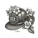 A gardenia flower blooming around a firefighter's helmet with the name Illiani incorporated tattoo design idea