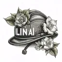 A gardenia flower blooming around a firefighter's helmet with the name Illiani incorporated tattoo design idea