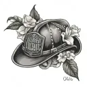 A gardenia flower blooming around a firefighter's helmet with the name Illiani incorporated tattoo design idea