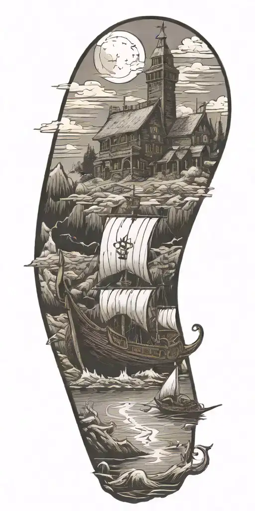 cemetary haunted house viking ship tattoo design idea