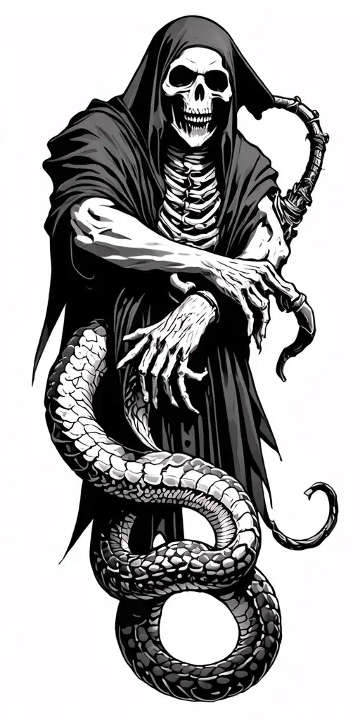 grim reaper on shoulder with serpant rapping around underneath down forearm. in serpant's skin reads the 7 deadly sins/v tattoo design idea