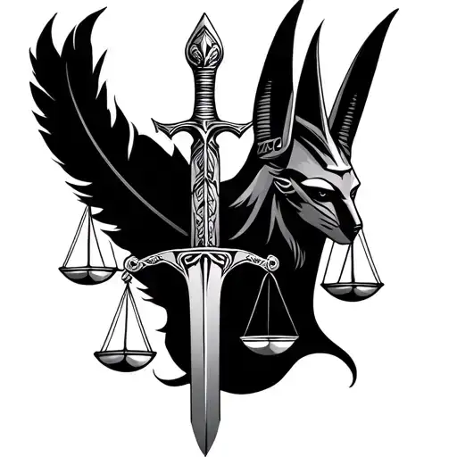 Anubis with Libra on which a sword and a feather tattoo design idea