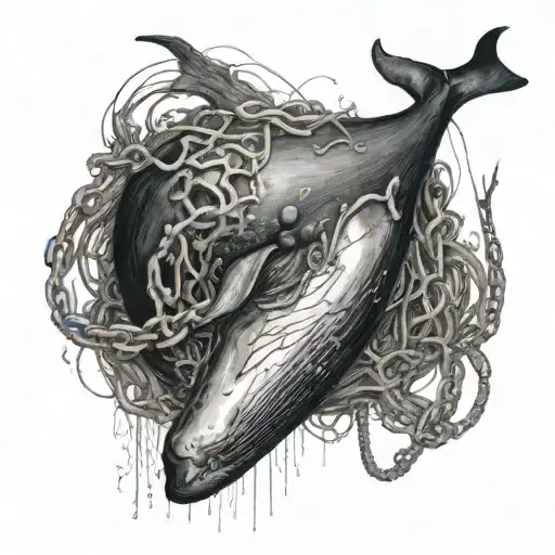 The whale's body occupies a large area on the left chest, showing a struggling posture from bottom to top. The whale's body is covered with wounds pierced by chains, the skin and flesh are turned outward, and black blood flows out along the chains that pierce the body. One of the particularly thick chains is tied directly to the exposed main skeleton of the whale, as if to lock up its bone marrow. tattoo design idea