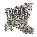 Words in arial font that just say "Peter Lagothellacookies tattoo design idea