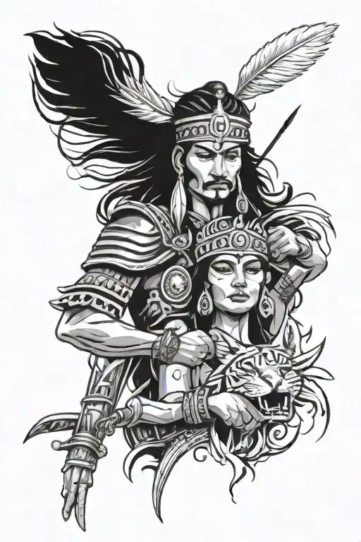 Indian warrior holding a princess surrounded tattoo design idea