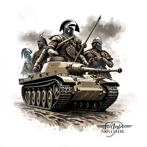 sleve tattoo featuring military history through the years. Spartans, vikings, nelson, ww1 tank and samurai tattoo design idea