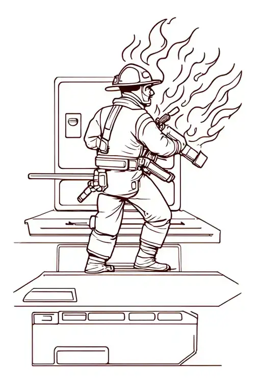 A minimalist tattoo of a firefighter battling flames in a video game arcade setting tattoo design idea