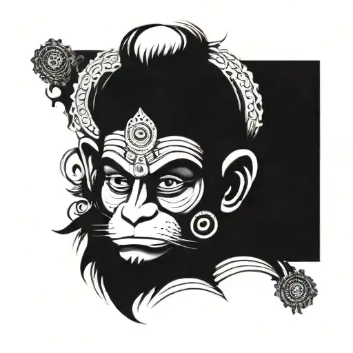 Generate a image of a tattoo of lord hanuman that is black and which and where each and every stroke is just ram in hind tattoo design idea