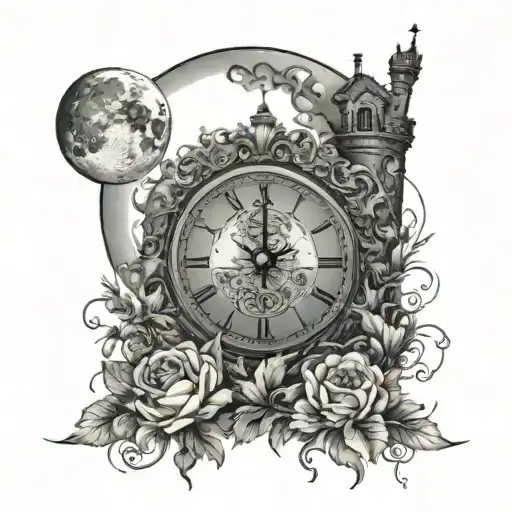 Big floral clock in a field with a tower in the background with the moon tattoo design idea