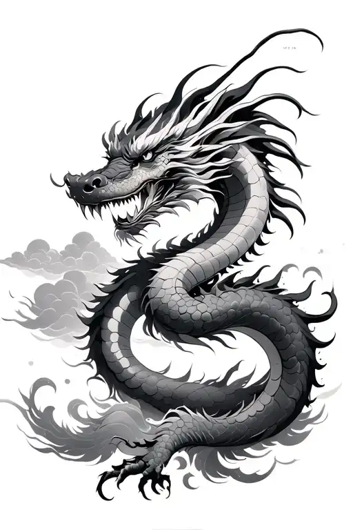 Japanese dragon and clouds floating tattoo design idea