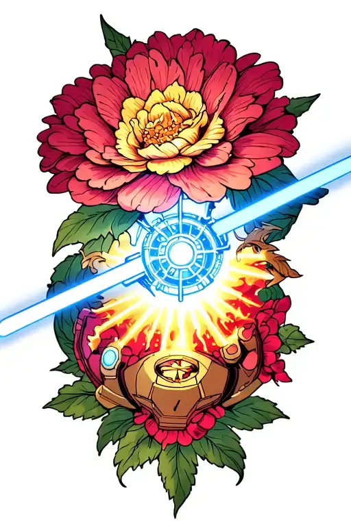 A traditional style tattoo of the Beauty and the Beast flower intertwined with a lightsaber and Iron Man's arc reactor tattoo design idea