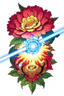 A traditional style tattoo of the Beauty and the Beast flower intertwined with a lightsaber and Iron Man's arc reactor tattoo design idea