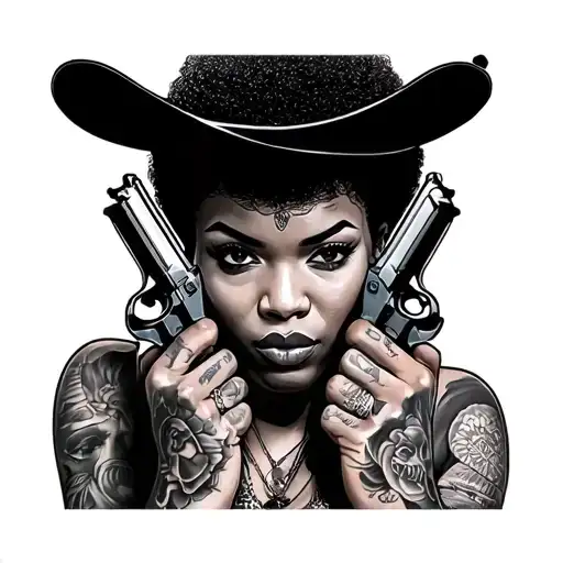 a Afro American woman with a Afro hair in the style of a chicano gangster women with guns in hand and really gangster  tattoo design idea