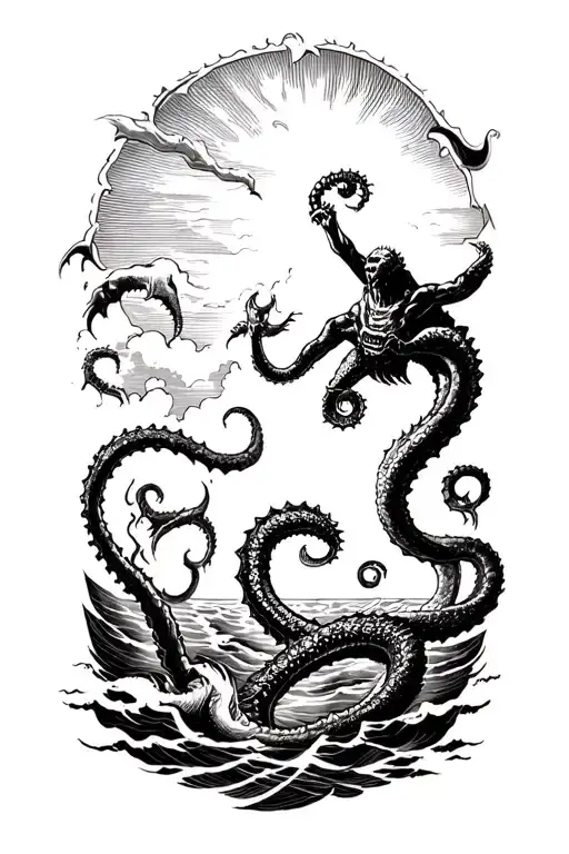 posiden fighting off kraken reaching towards the heavens tattoo design idea