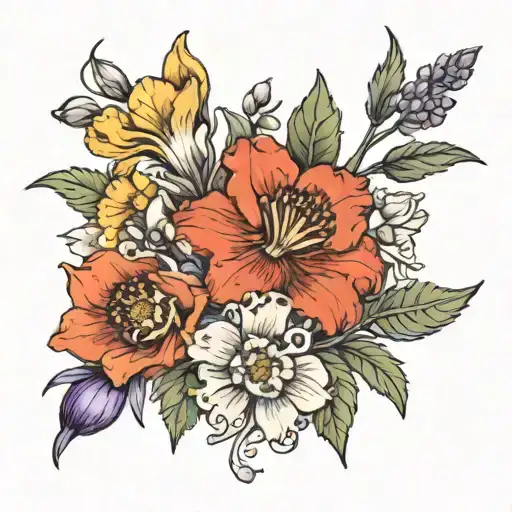 Larkspur flower, poppy flower, aster flower, narcissuss flower tattoo design idea