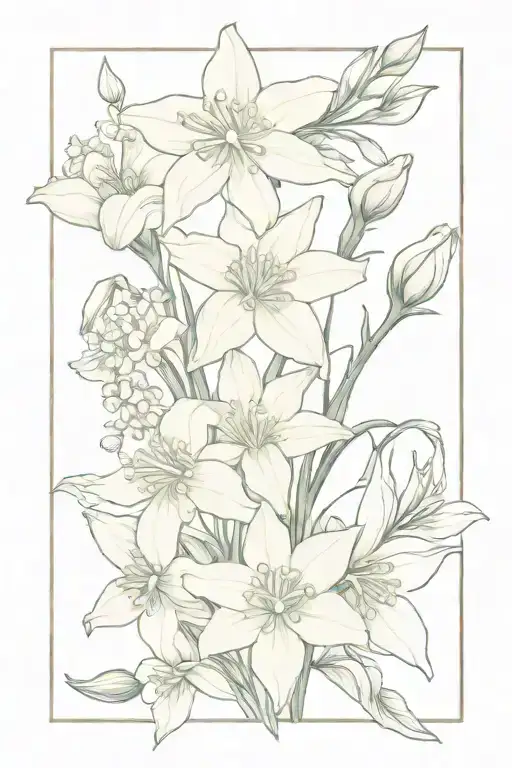 a fine-line flower bouquet including 1 Daffodil, 3 Lily of the Valley, 1 Rose, 1 Larkspur, 2 Chrysanthemum, 2 Narcissus tattoo design idea