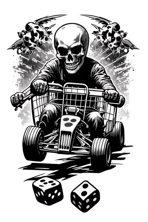 A tattoo design featuring a cage kart racing scene with a skull and dice motif tattoo design idea
