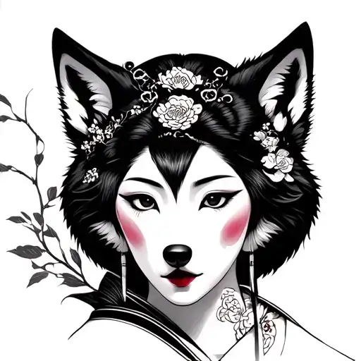 geisha with wolf Japanese style tattoo tattoo design idea