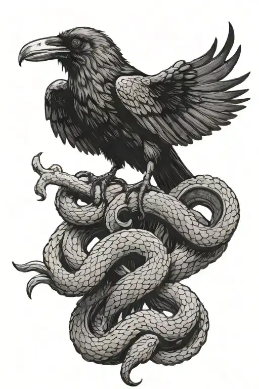 raven holding a dead snake in its talons showing tattoo design idea