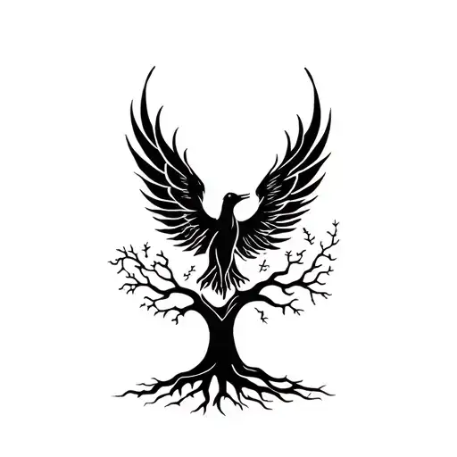 phoenix rising from tree tattoo design idea