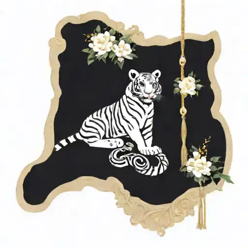 A majestic white tiger at the center, embodying strength and grace. Wrapping around the tiger is an elegant snake, featuring detailed scales to represent transformation. Above the tiger, an intricate dream catcher hangs, adorned with delicate feathers. Below, an ornate hourglass displays flowing sand that transitions into lush flowers and leaves, symbolizing the passage of time. Surrounding the main elements are soft, flowing nature motifs, including stars and foliage. tattoo design idea